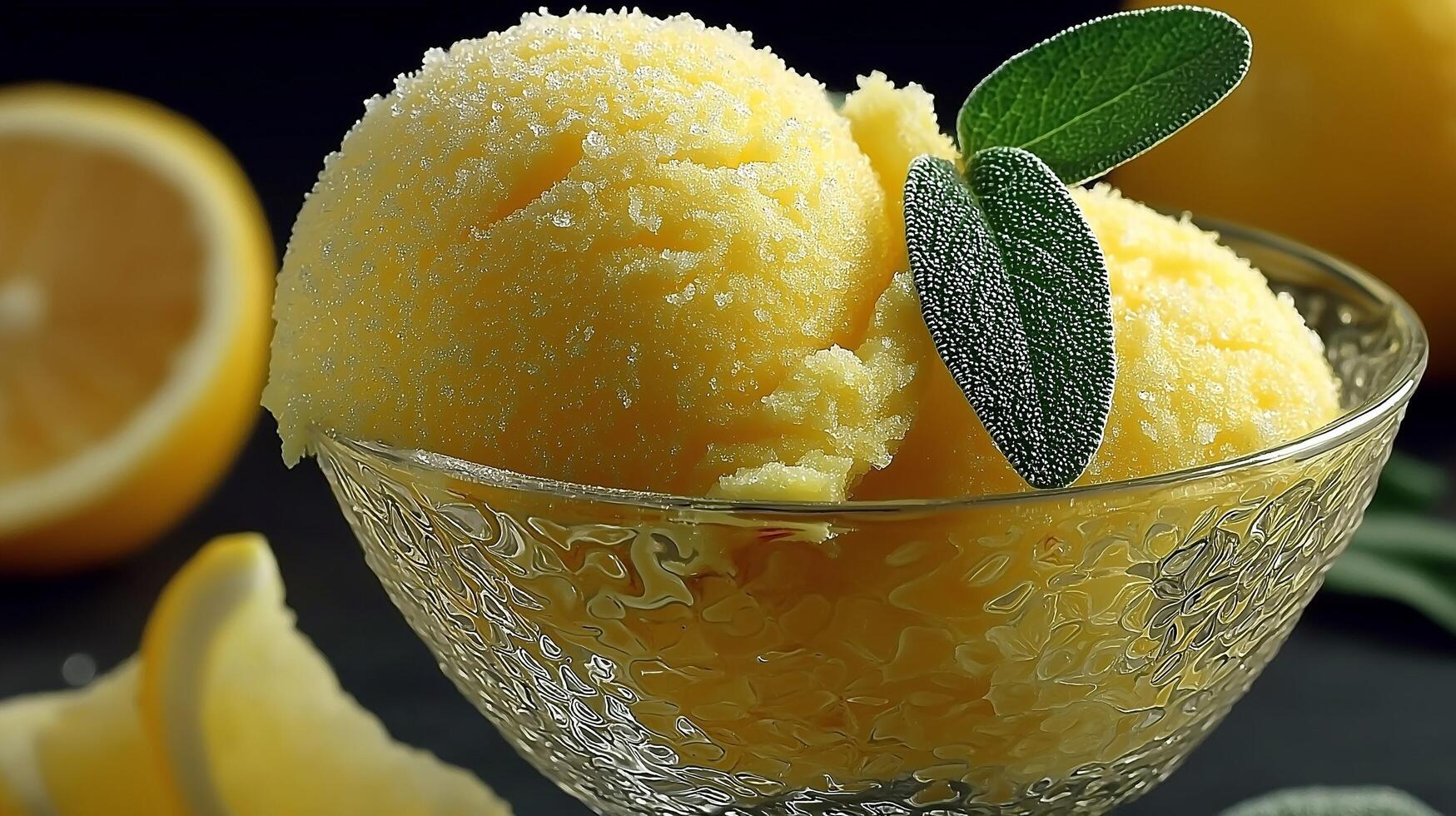 Lemon ice cream with sage leaves photo