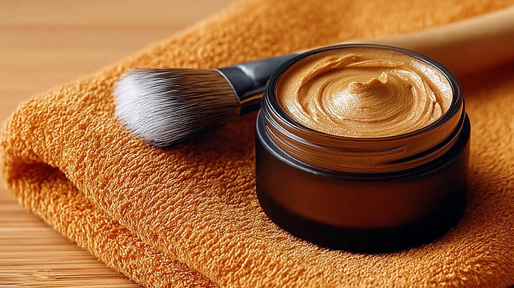 A jar of cream and a brush on a towel photo