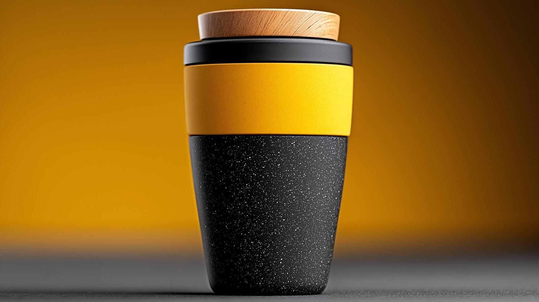 A black and yellow travel mug with a wooden lid photo