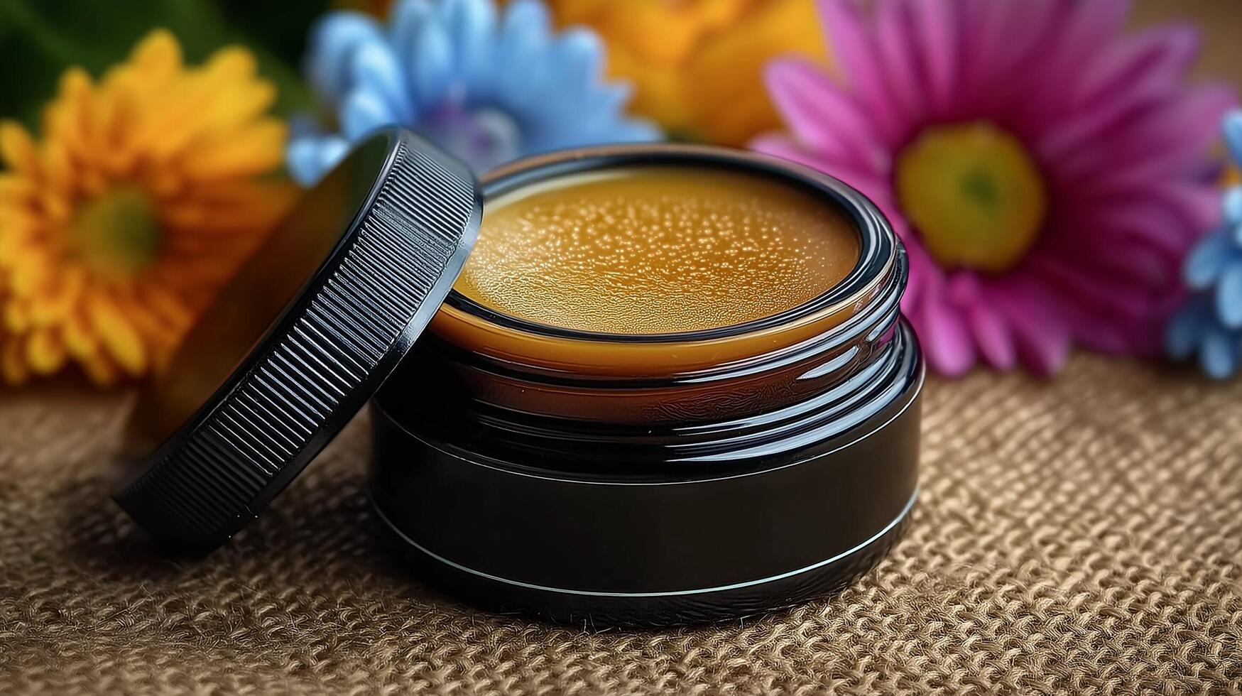A jar of lip balm with flowers in the background photo
