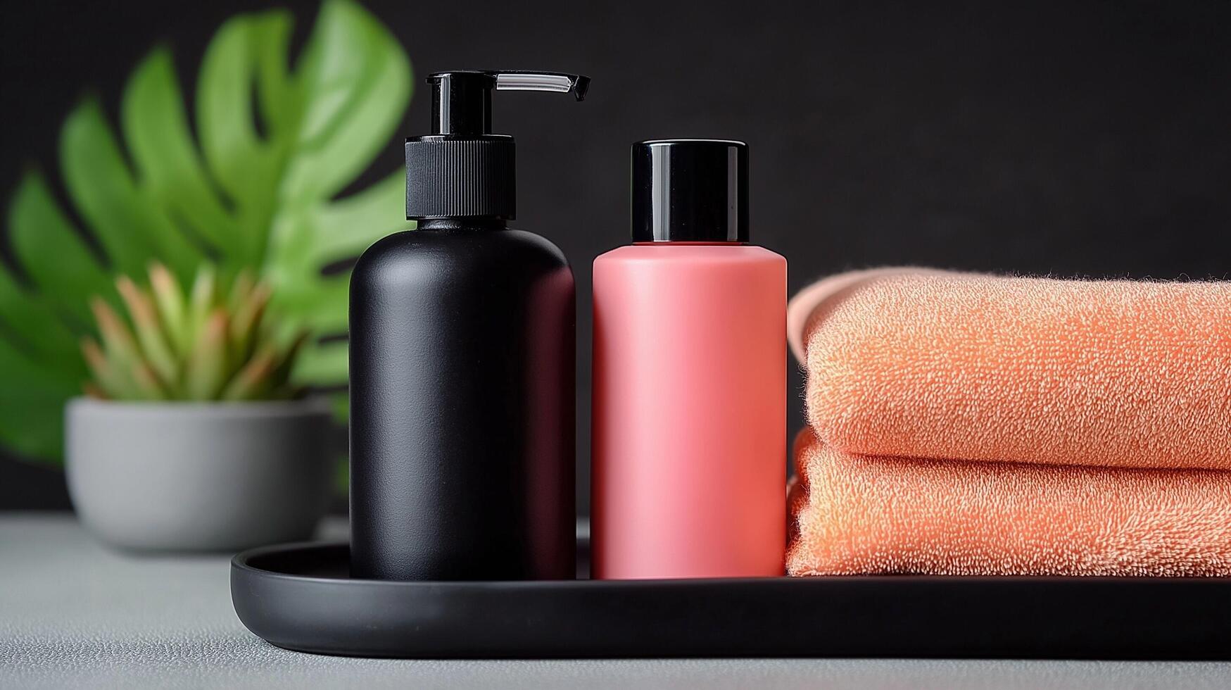 Two bottles of shampoo and conditioner on a tray photo