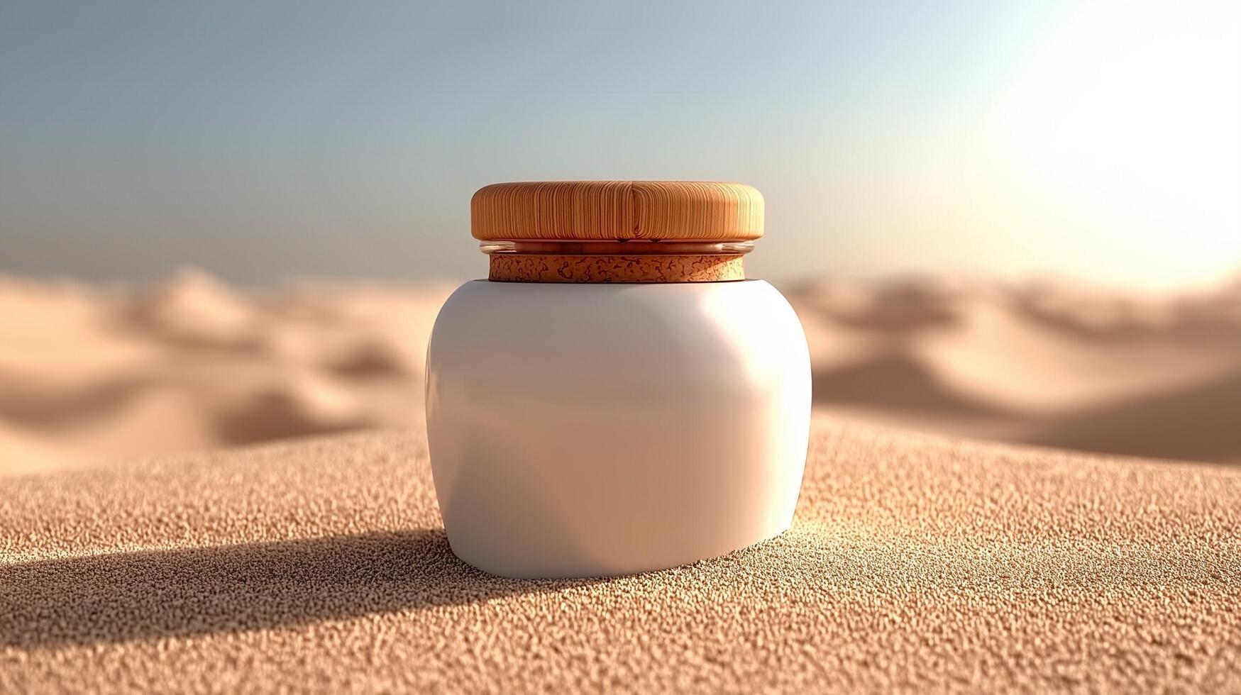 A white bottle sitting in the sand with a wooden lid photo