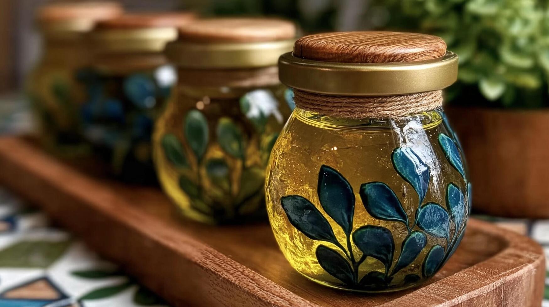 Olive oil in glass jars on a wooden tray photo