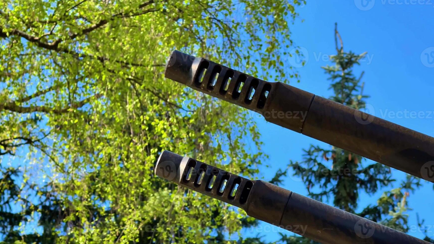 A detailed view showcasing various firearm muzzles beautifully juxtaposed against lively greenery and a clear blue sky photo