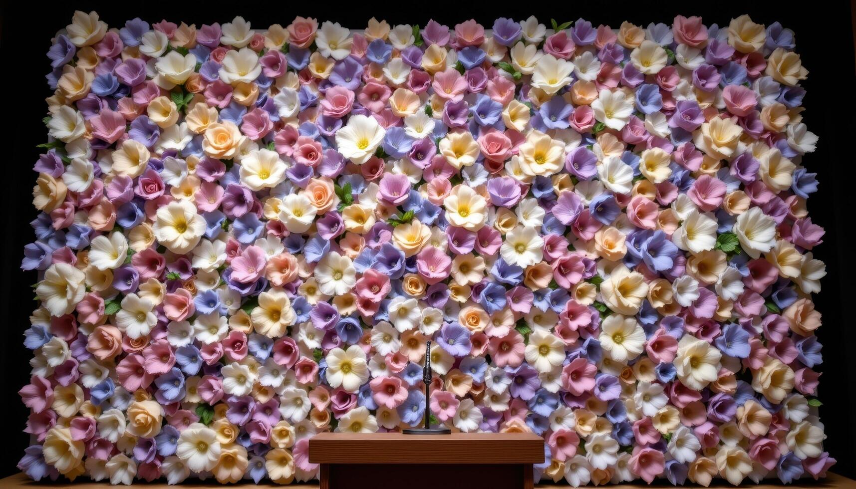 close up view of a podium set before an oversized floral backdrop with texture and layering that mimics a blooming wall of nature. photo