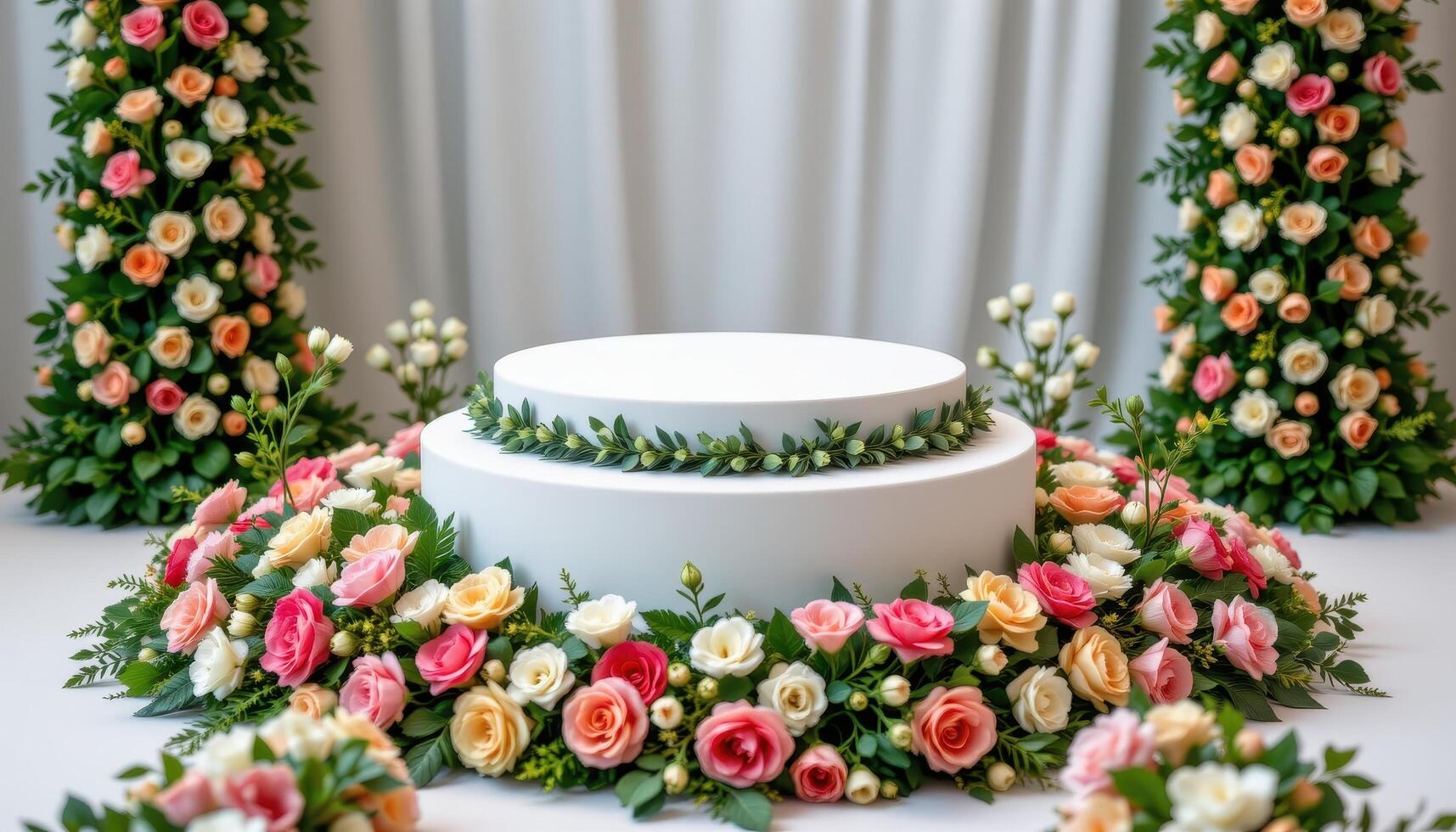close up view of a small podium surrounded by layers of floral runners made of carnations and greenery weaving around it. photo