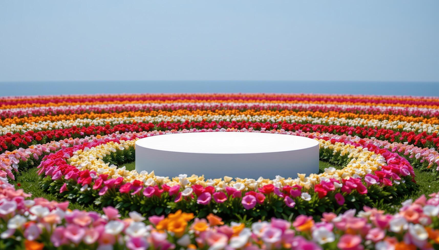 close up view of a podium situated on a field of arranged flower beds, each planted with one type of bloom forming concentric rings. photo