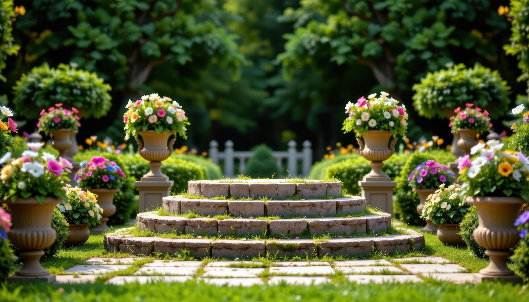 close up view of a podium rising from a mossy platform surrounded by flower filled urns placed symmetrically around its base. photo