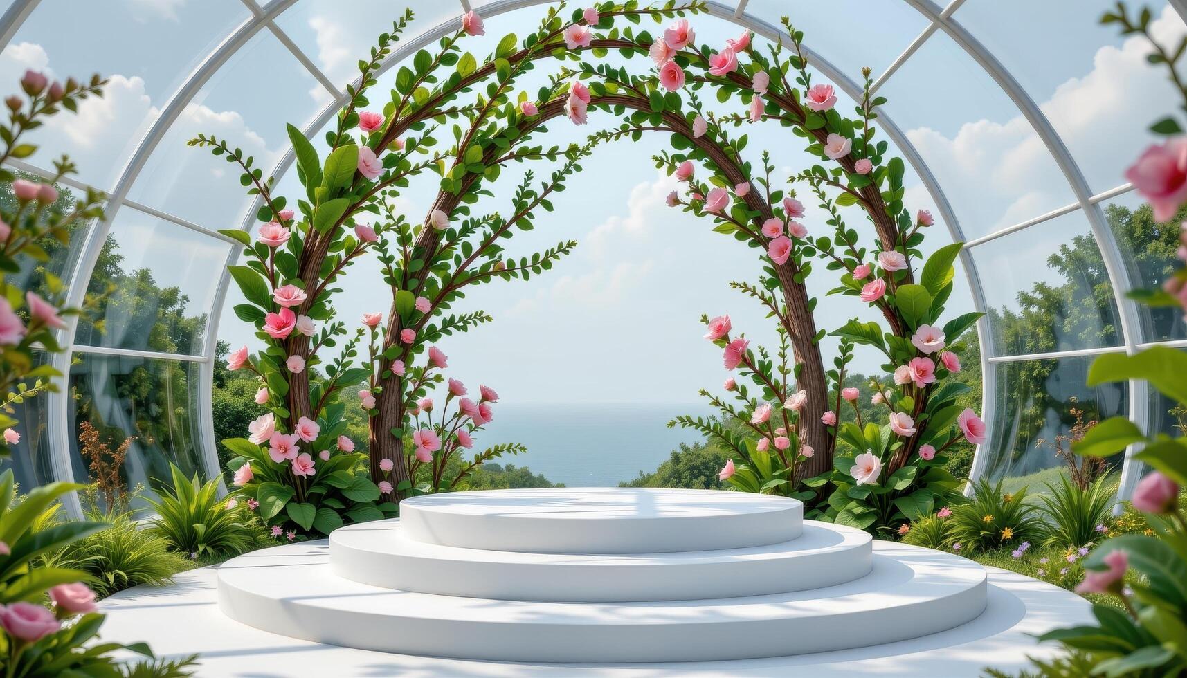 close up view of a podium enclosed within a transparent glass dome filled with vines and fresh blossoms climbing its inner walls. photo
