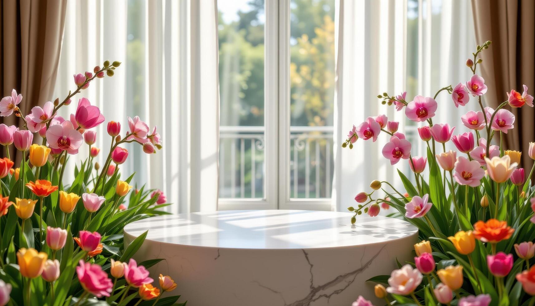 close up view of a marble podium surrounded by blooming tulips and orchids in full blossom, with gentle sunlight filtering through sheer curtains. photo