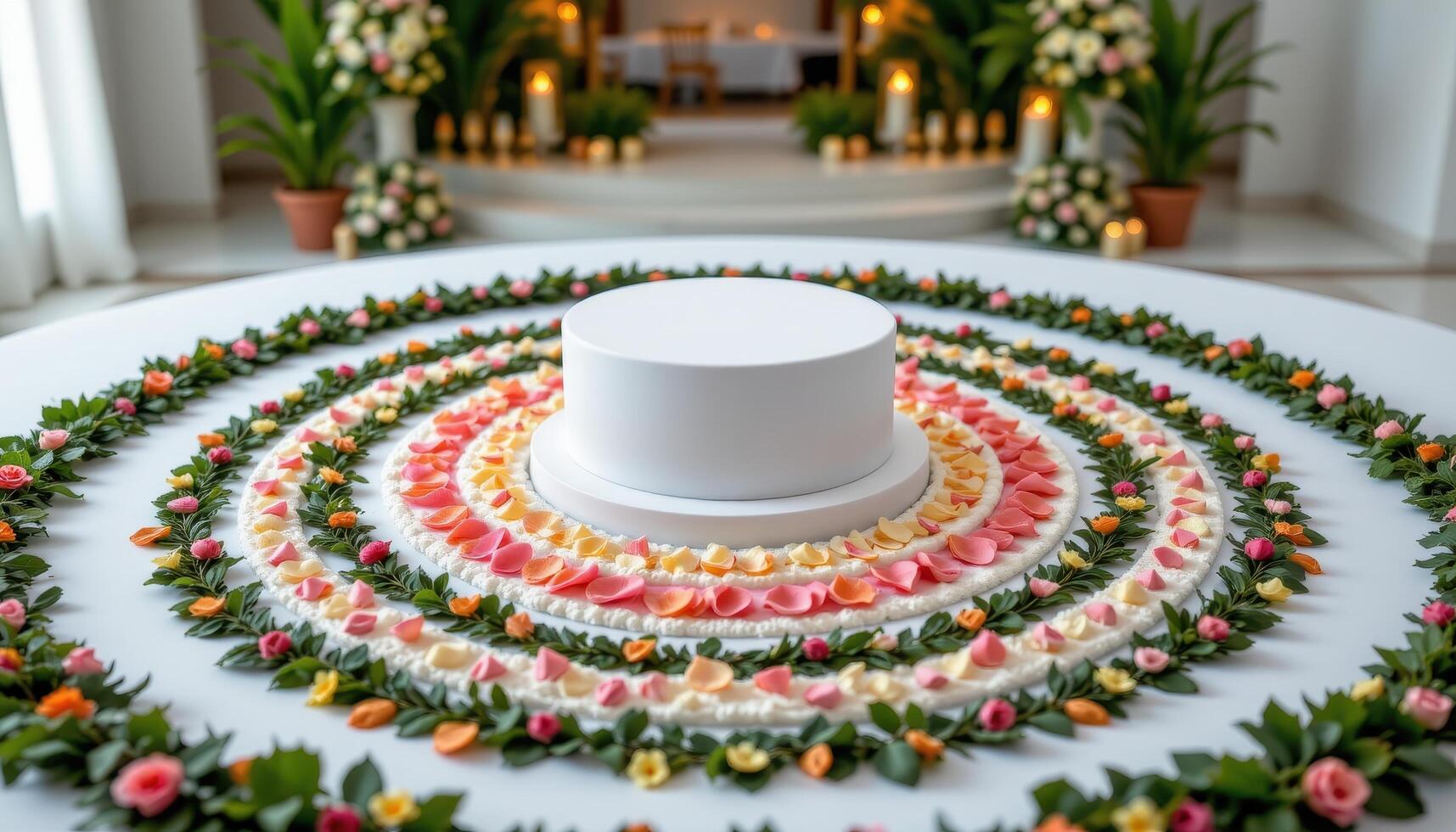 close up view of a podium in a serene setting surrounded by floral mandalas made from perfectly placed petals and symmetrical greenery. photo