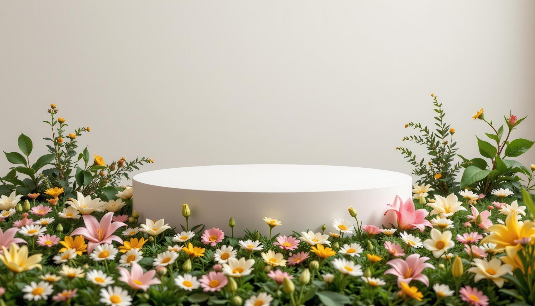 close up view of a minimalist podium resting atop a floral carpet of daisies, lilies, and greenery, set against a pale neutral backdrop. photo