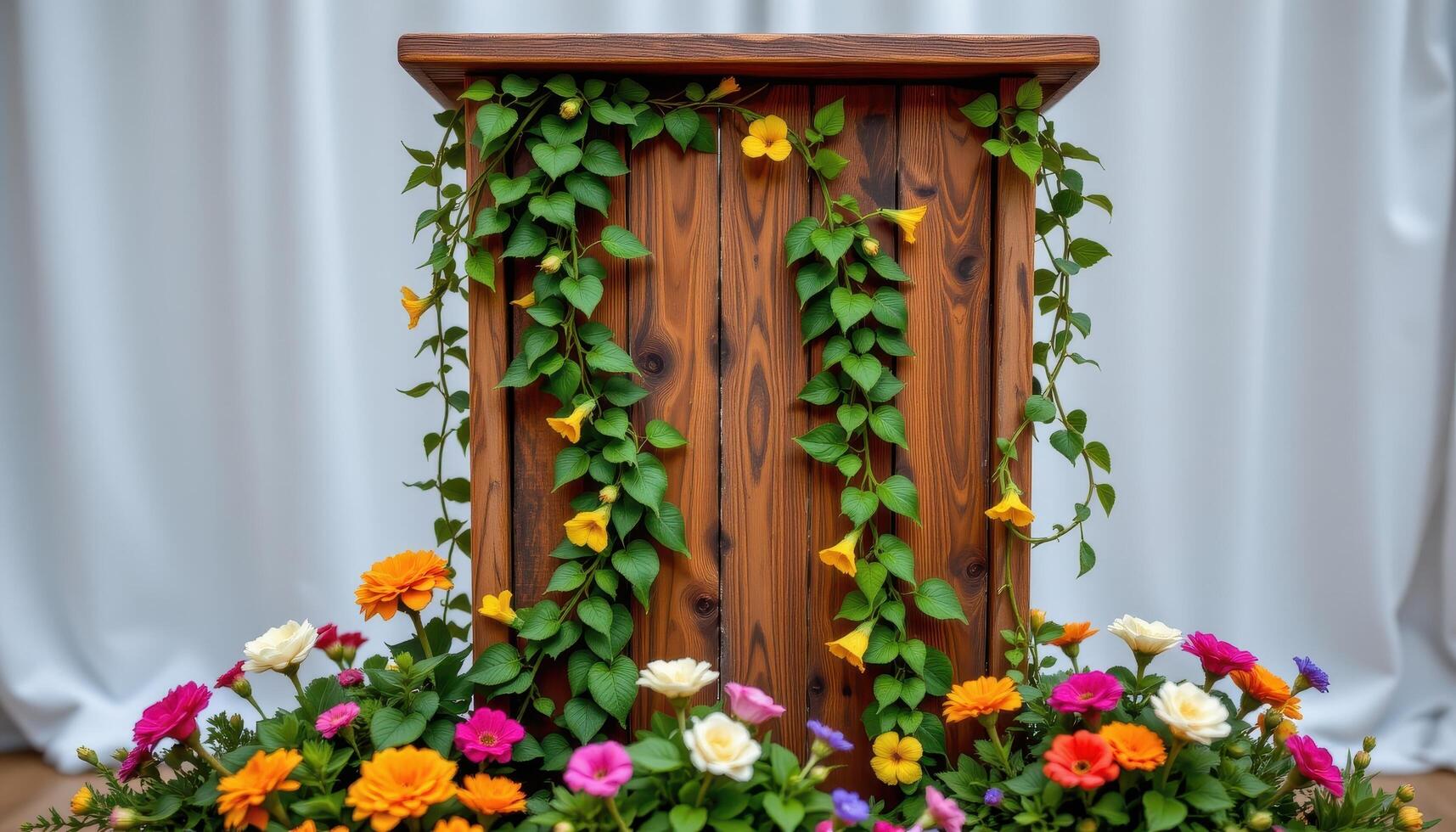 close up view of a podium crafted from reclaimed wood, wrapped with climbing jasmine vines and colorful potted blooms at its base. photo