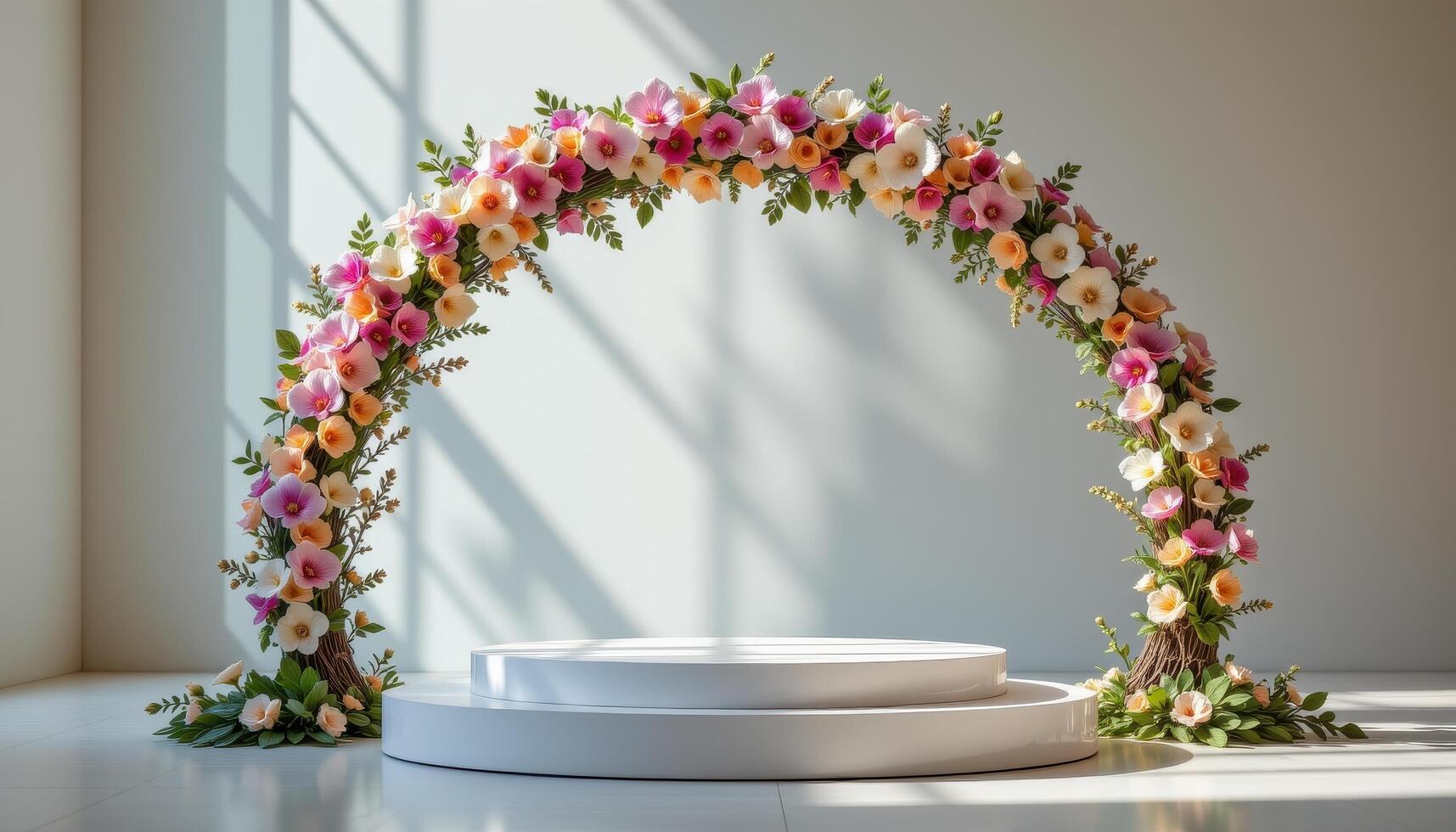 close up view of a podium resting beneath a flower arch made from orchids and eucalyptus branches, softly lit from above in a tranquil space. photo