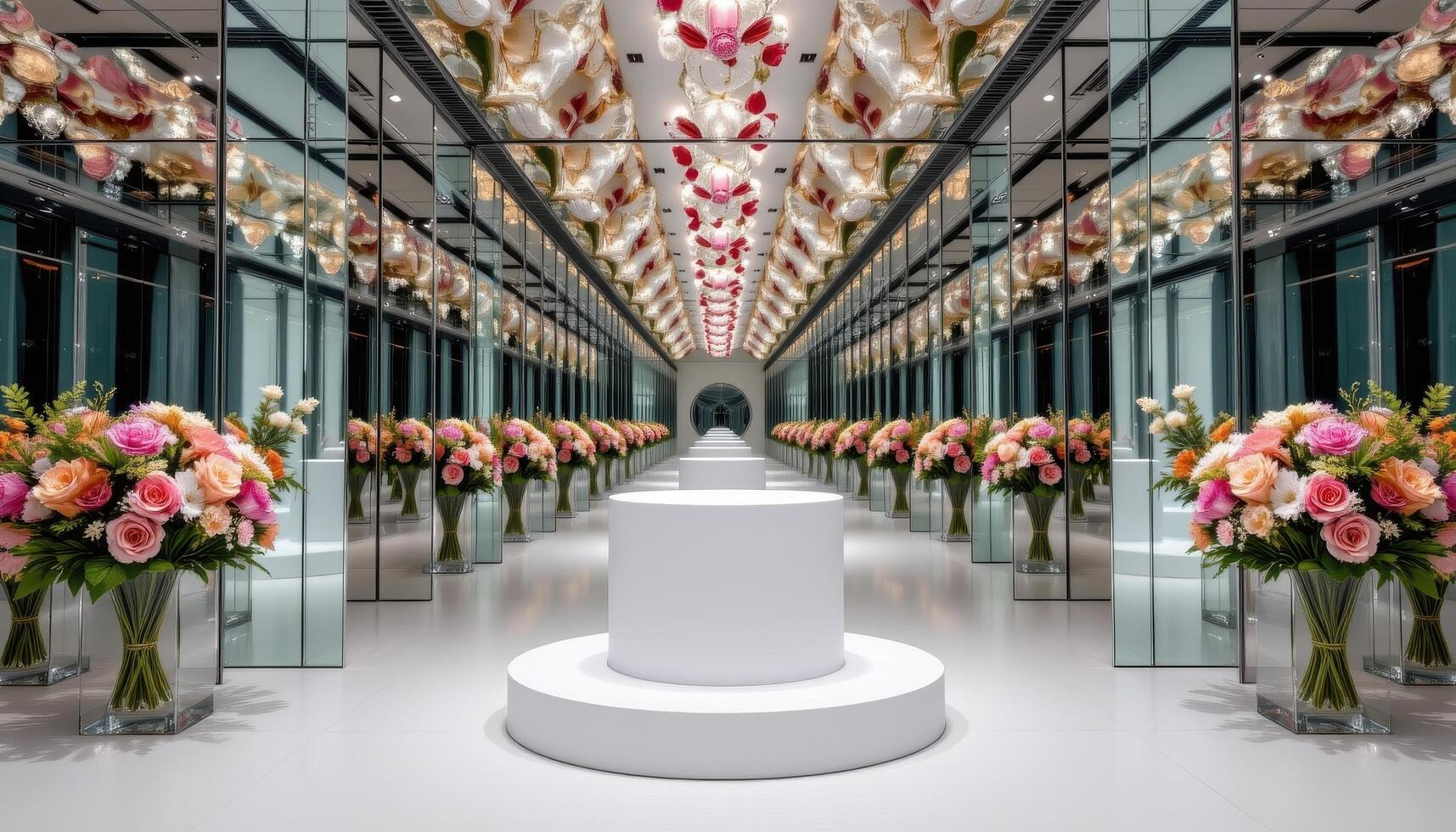 close up view of a podium within a mirrored room where floral arrangements are reflected infinitely, creating the illusion of endless botanical repetition photo