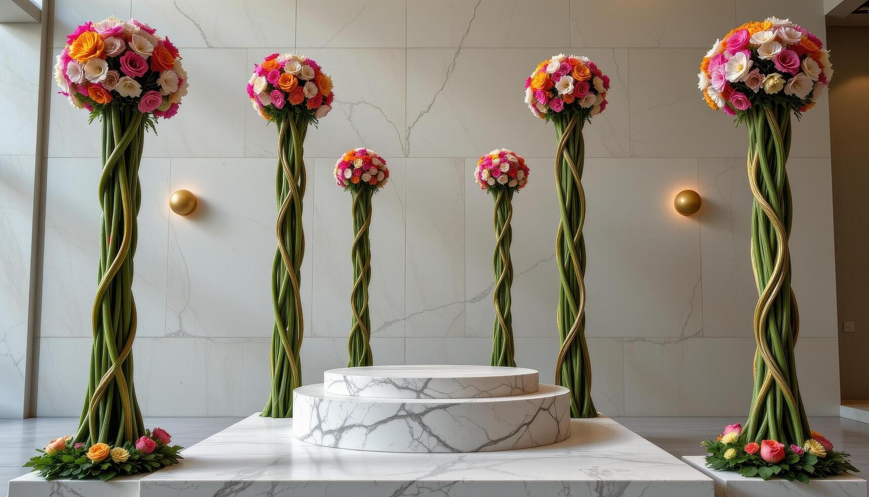 close up view of a podium balanced between tall organic columns made of interwoven stems and flower heads, stretching vertically with architectural symmetry photo