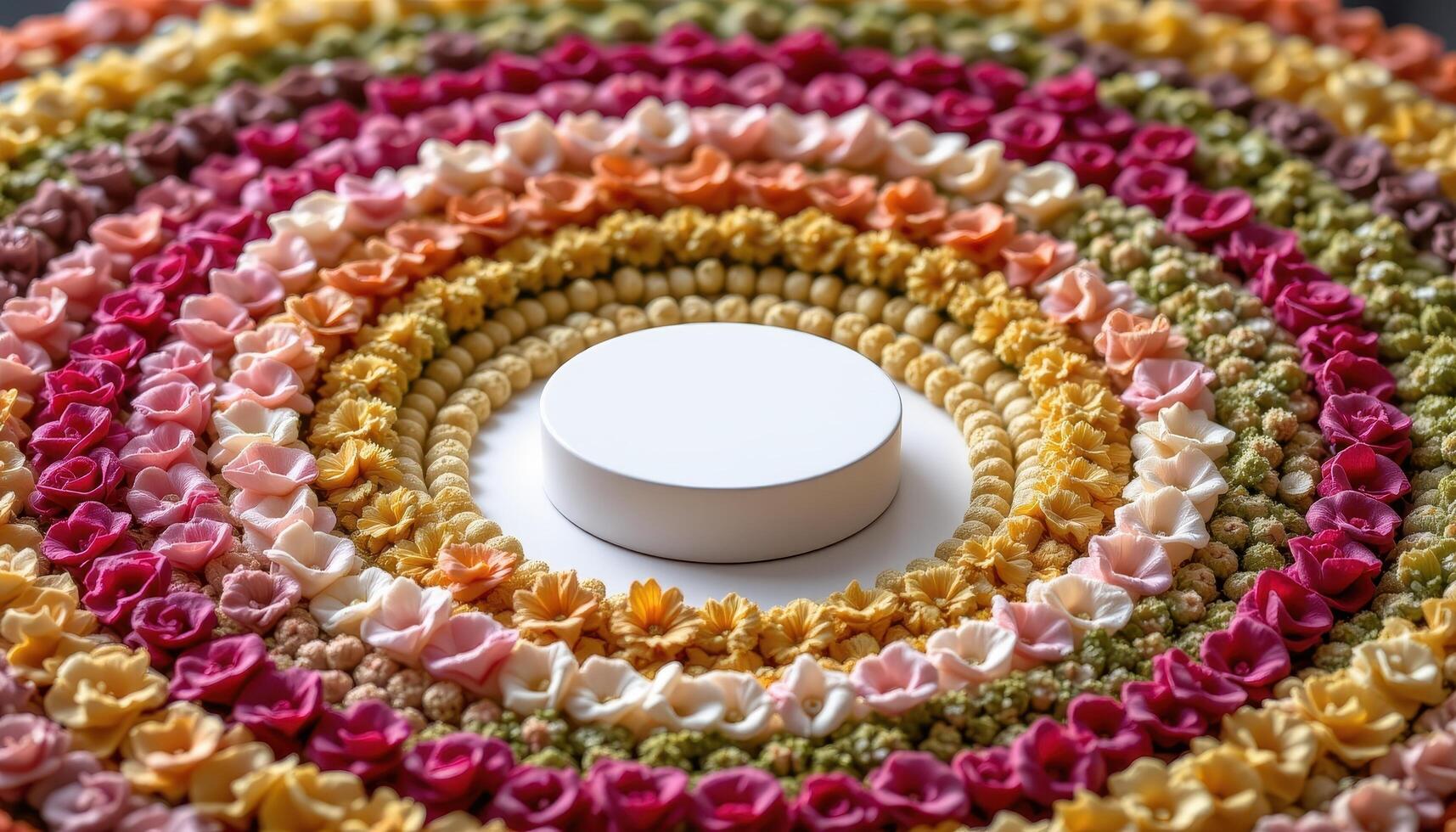 close up view of a podium standing at the center of a perfect flower circle made of single species rings, each varying in hue from light to dark photo