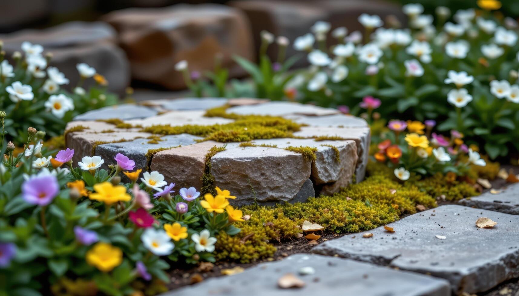 close up view of a stone textured podium nestled into a low arrangement of blooming ground cover flowers and moss. photo