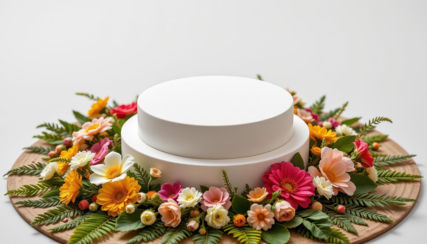 close up view of a narrow podium placed atop a circular rug made of pressed blooms and ferns, enhancing organic textures. photo