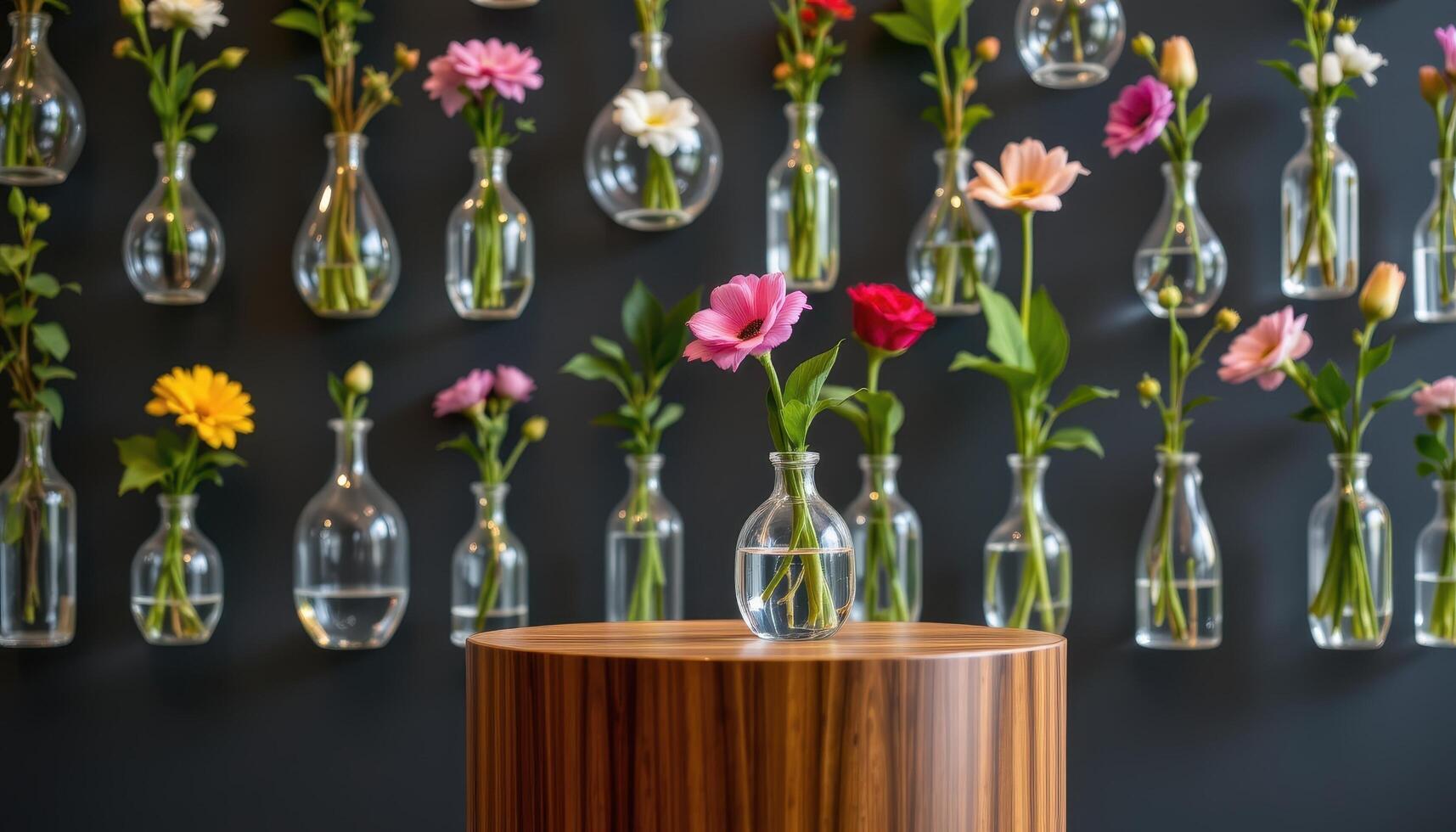 close up view of a podium placed near a wall of hanging glass vases, each filled with water and holding single fresh blossoms. photo