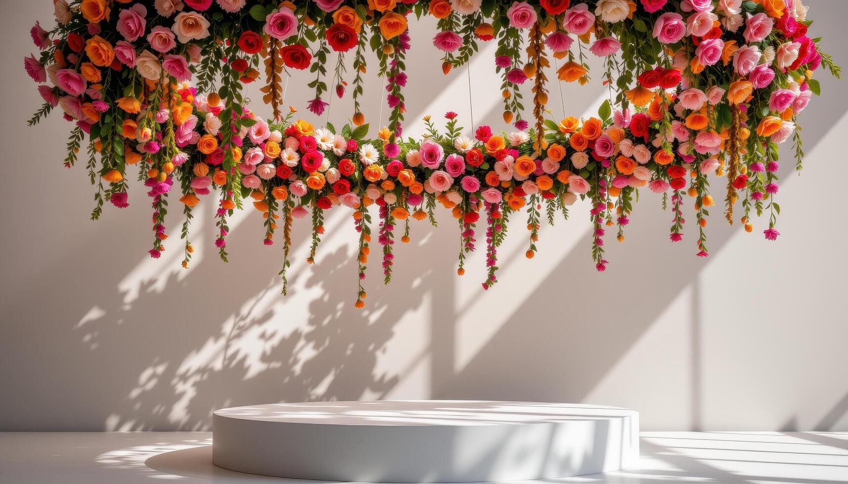 close up view of a podium situated beneath a circular hanging installation of flowers, casting shadows onto the structure and creating a dramatic floral centered composition photo
