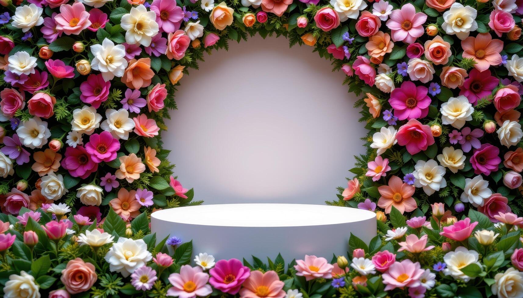 close up view of a podium integrated into a wall of florals, with only its surface protruding, giving the illusion that it is emerging from the flower covered wall itself photo