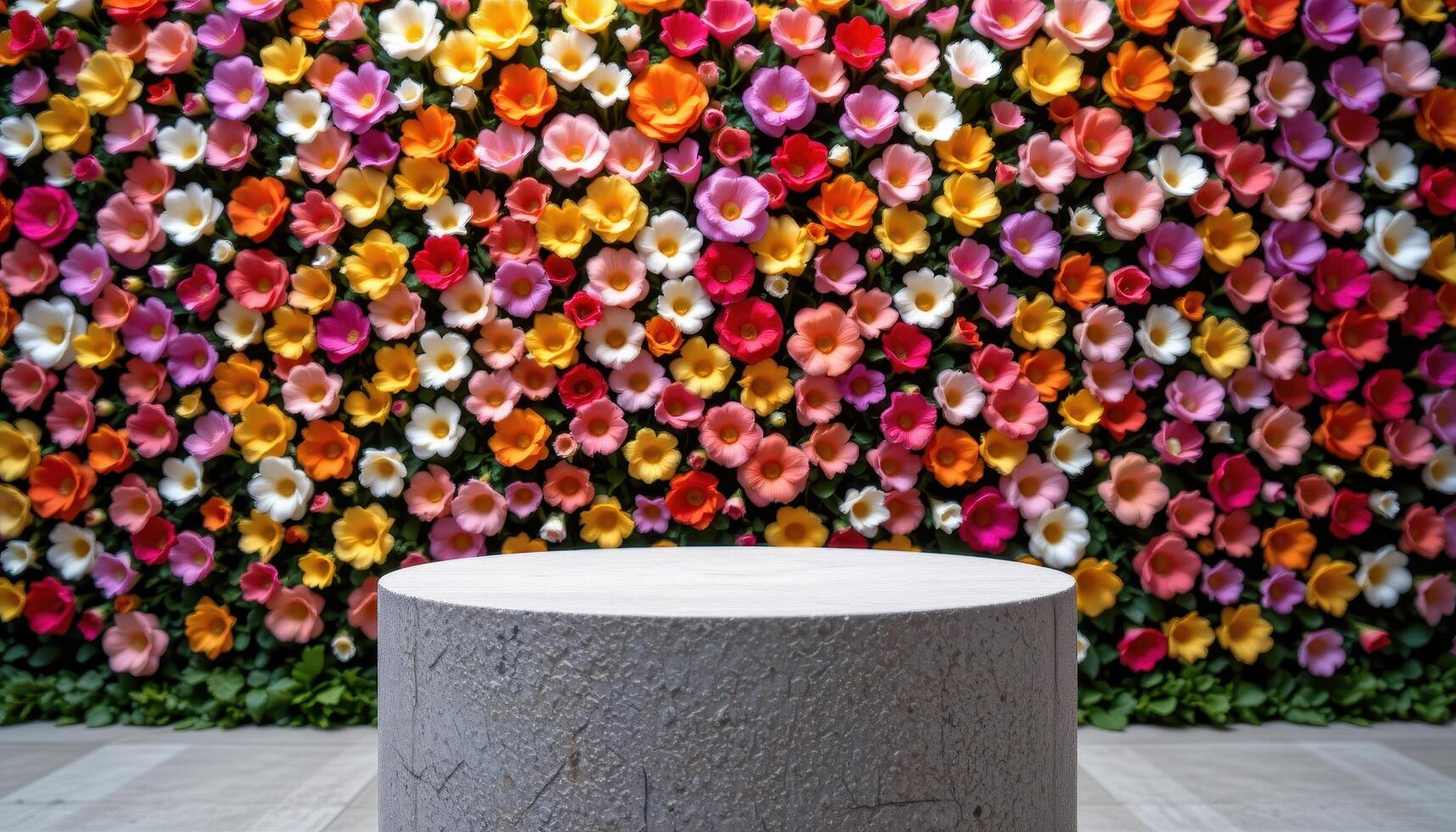 close up view of a stone podium backed by a vertical wall of flowers, with each bloom placed by hand in a color gradient. photo