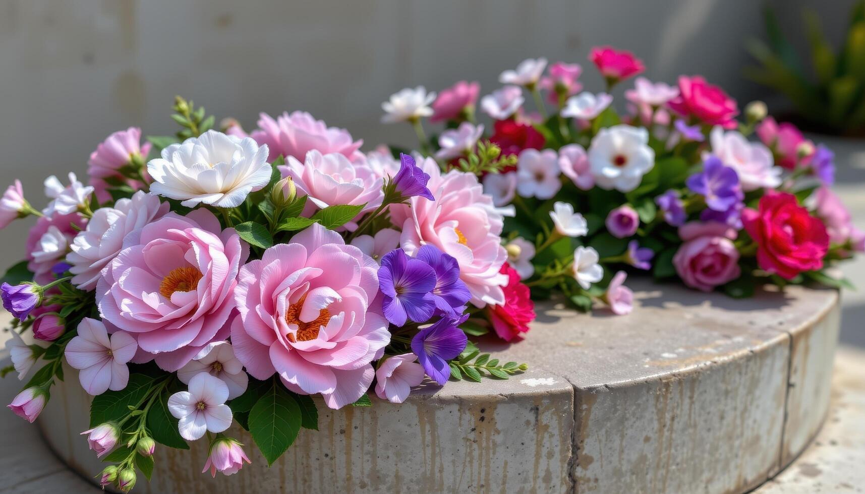 close up view of a polished concrete podium softened by clusters of peonies and violets arranged in flowing asymmetrical formations. photo