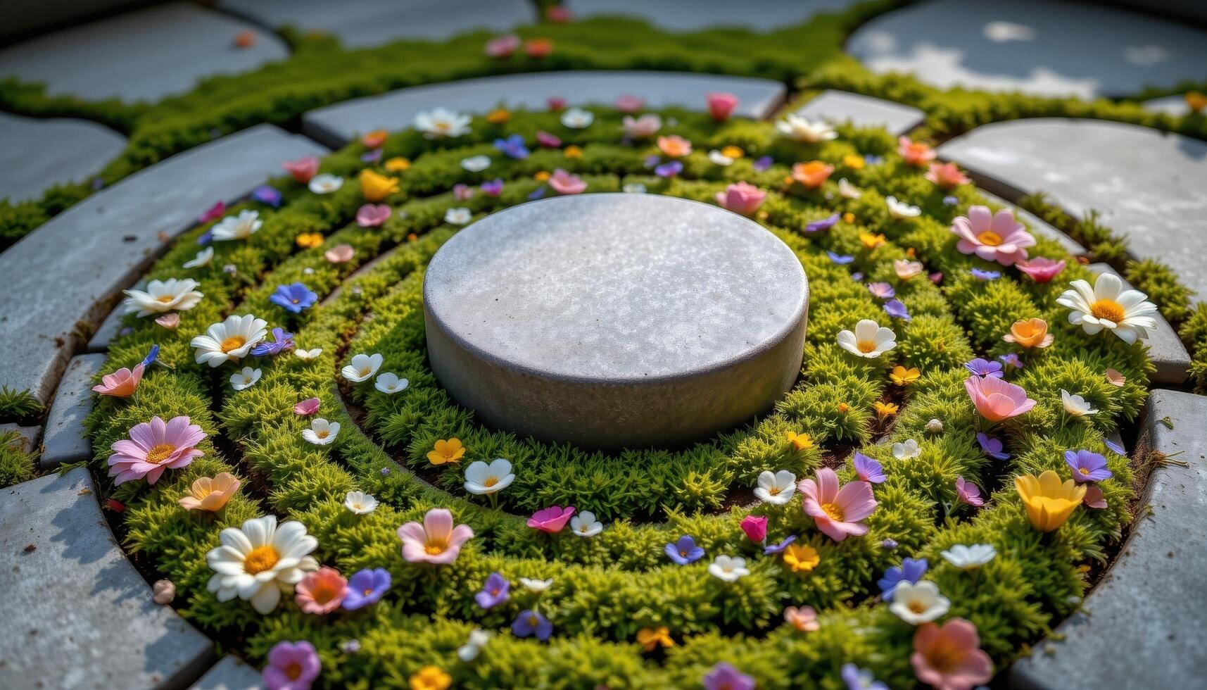 close up view of a low profile podium embedded into a floor of soft moss and wildflowers, surrounded by floral shapes arranged into gentle spirals flowing outward from center photo