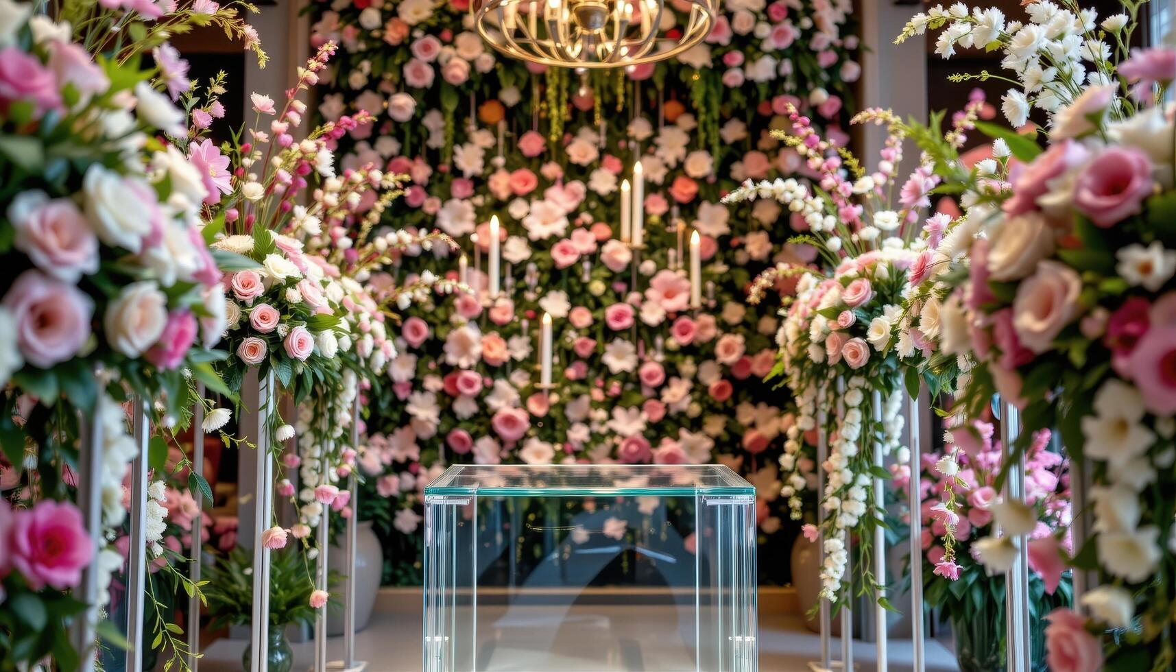 close up view of a glass podium surrounded by tall floral arrangements on both sides, arranged to create a balanced and immersive backdrop. photo