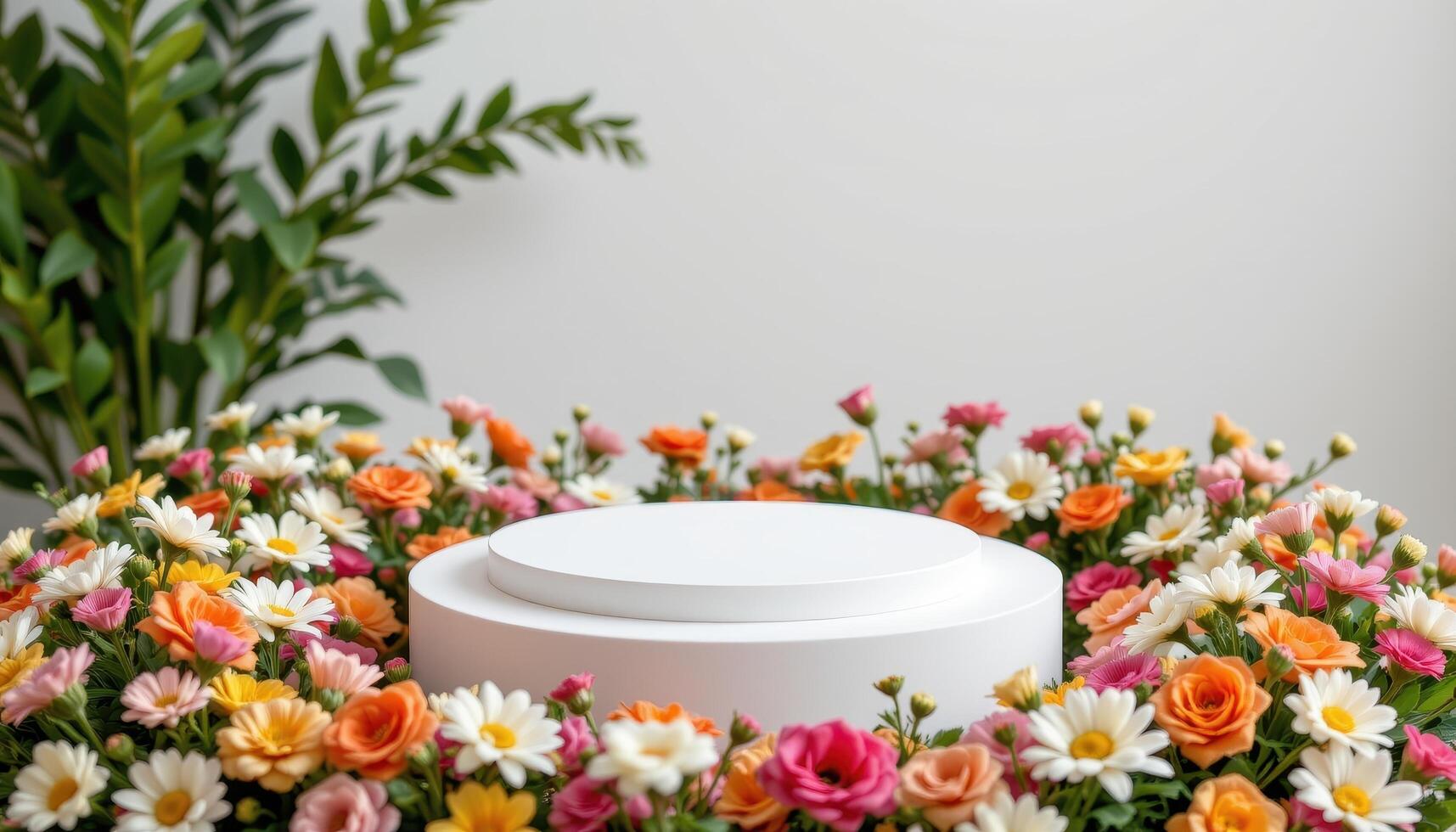 close up view of a minimalist podium placed within a perfectly circular arrangement of flowers, where each stem has been precisely positioned to maintain harmony and flow photo