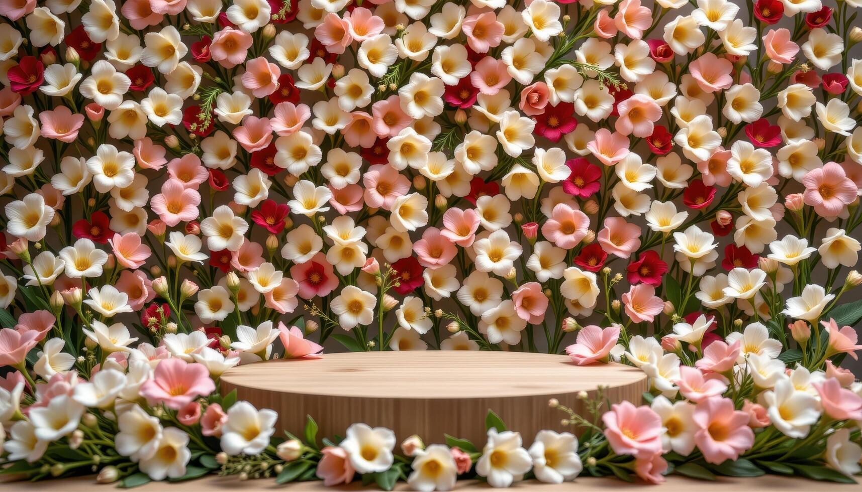 close up view of a wooden podium placed in the center of a minimalist floral installation, where each blossom is carefully arranged to emphasize symmetry and natural elegance photo
