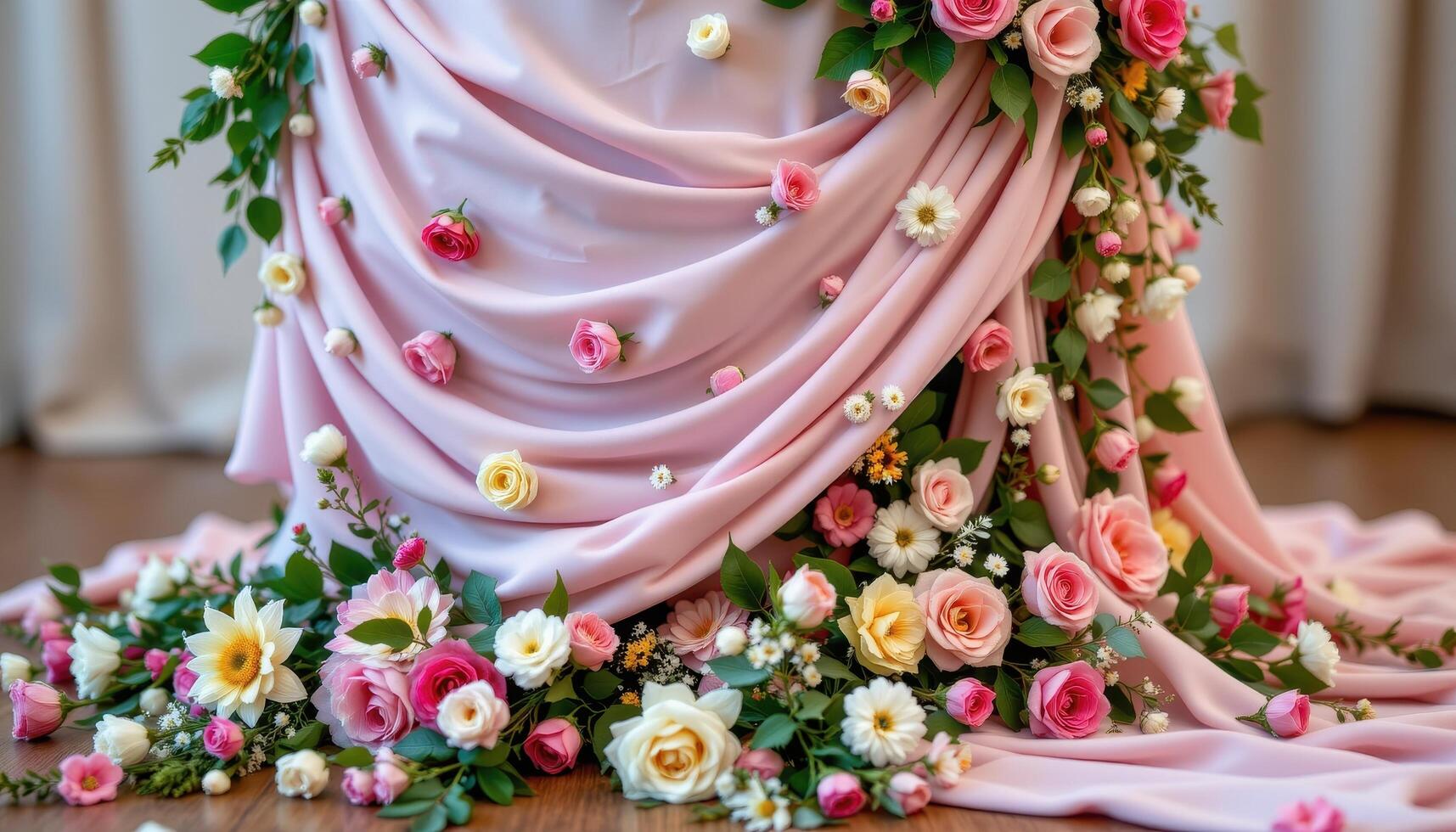 close up view of a podium styled with flowing layers of floral fabric and fresh blooms carefully pinned into the material, with trailing florals cascading to the floor photo