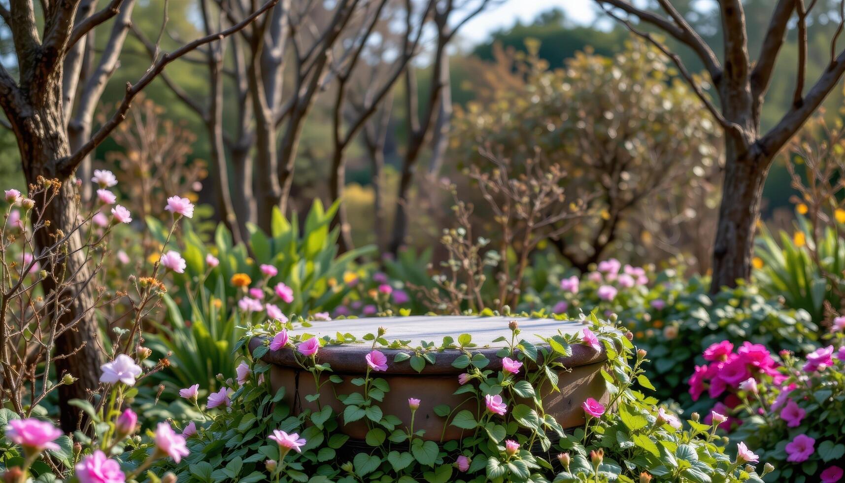 close up view of a podium wrapped in vines and blooming with small garden flowers climbing around its edges, nestled within a quiet botanical backdrop devoid of lifeforms photo