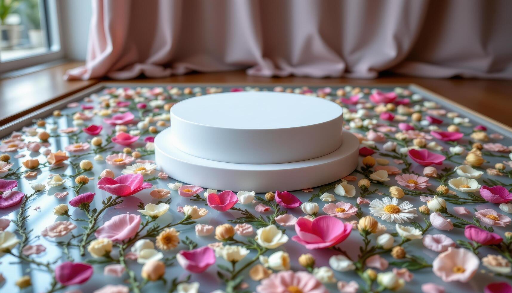 close up view of a podium sitting atop a translucent floral floor, where embedded petals and stems are preserved beneath glass. photo
