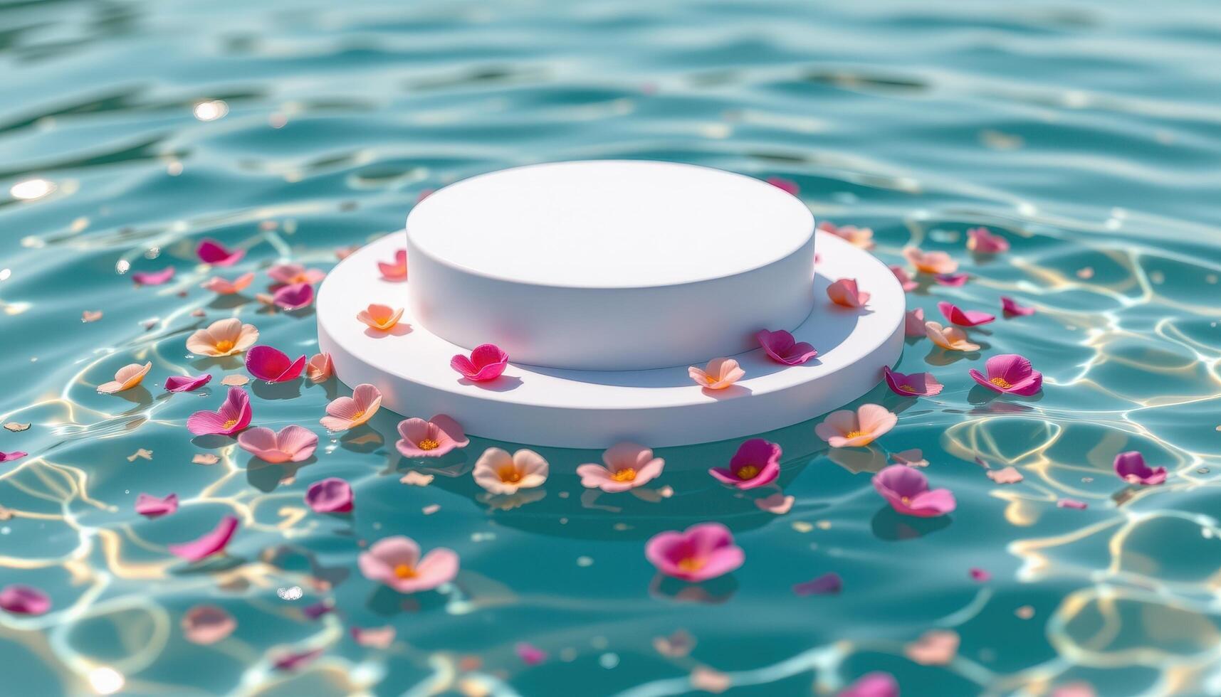 close up view of a podium floating above a bed of transparent water, where flower petals drift gently across the surface beneath it. photo