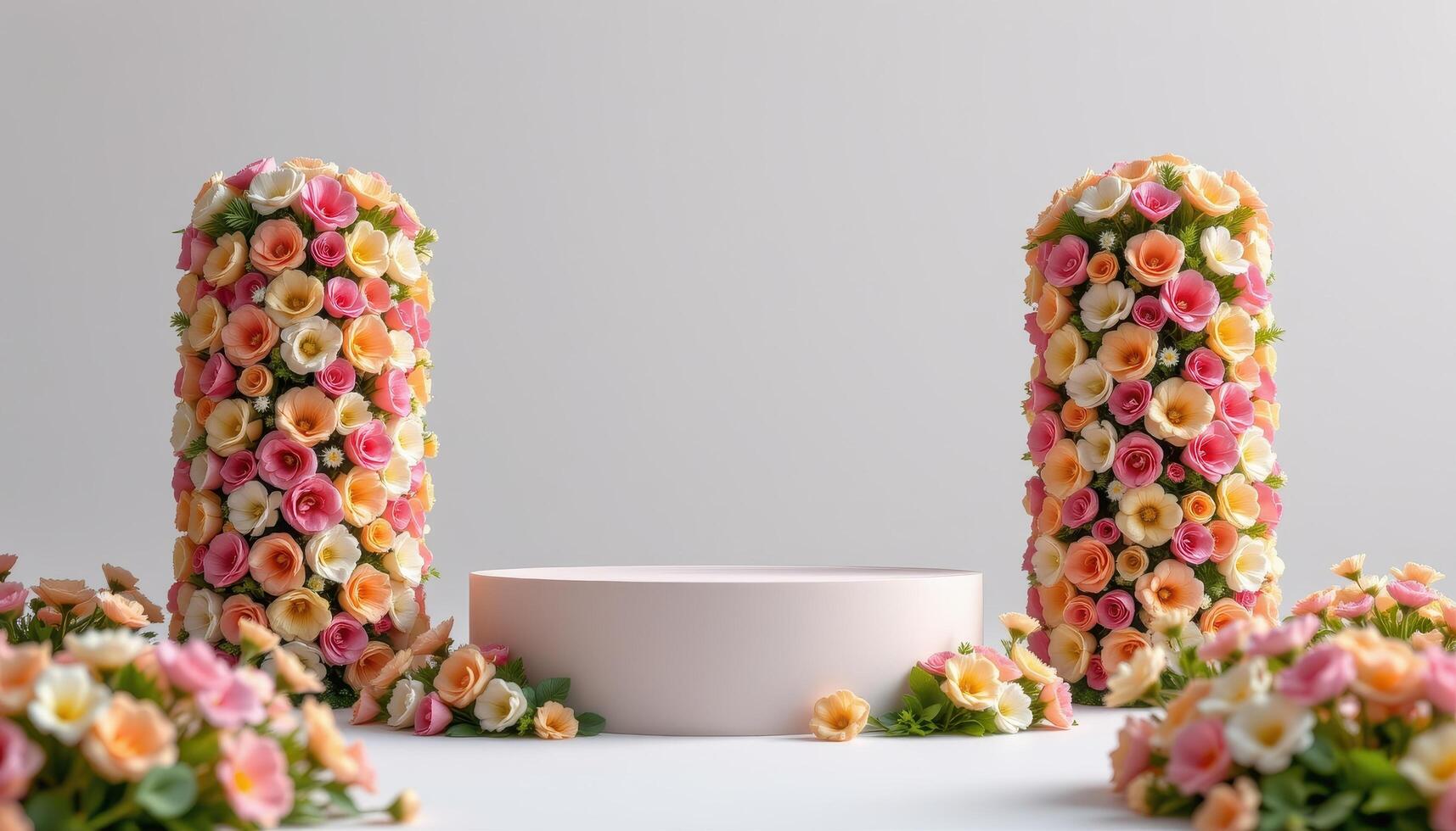 close up view of a podium resting between twin flower towers, composed of stacked rings of blossoms forming soft vertical columns. photo