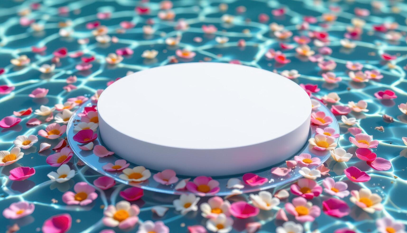 close up view of a podium set on a glass platform beneath which flower petals float in crystal clear water. photo