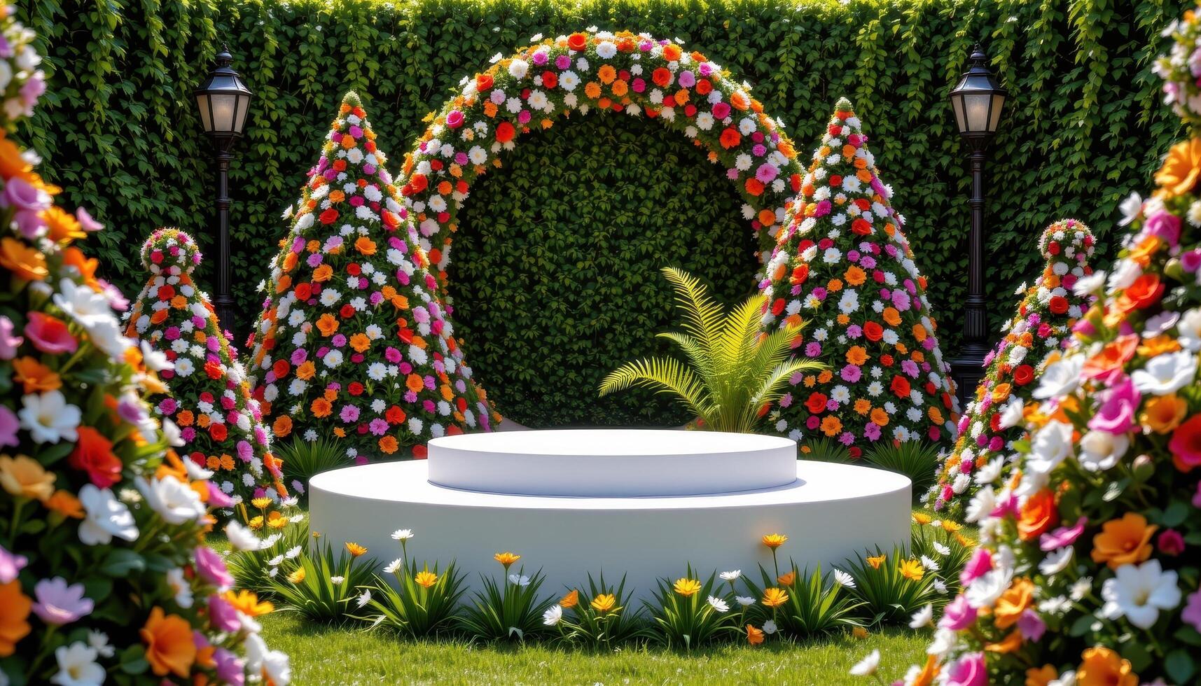 close up view of a podium among structured floral pyramids placed at varying heights around the central platform. photo