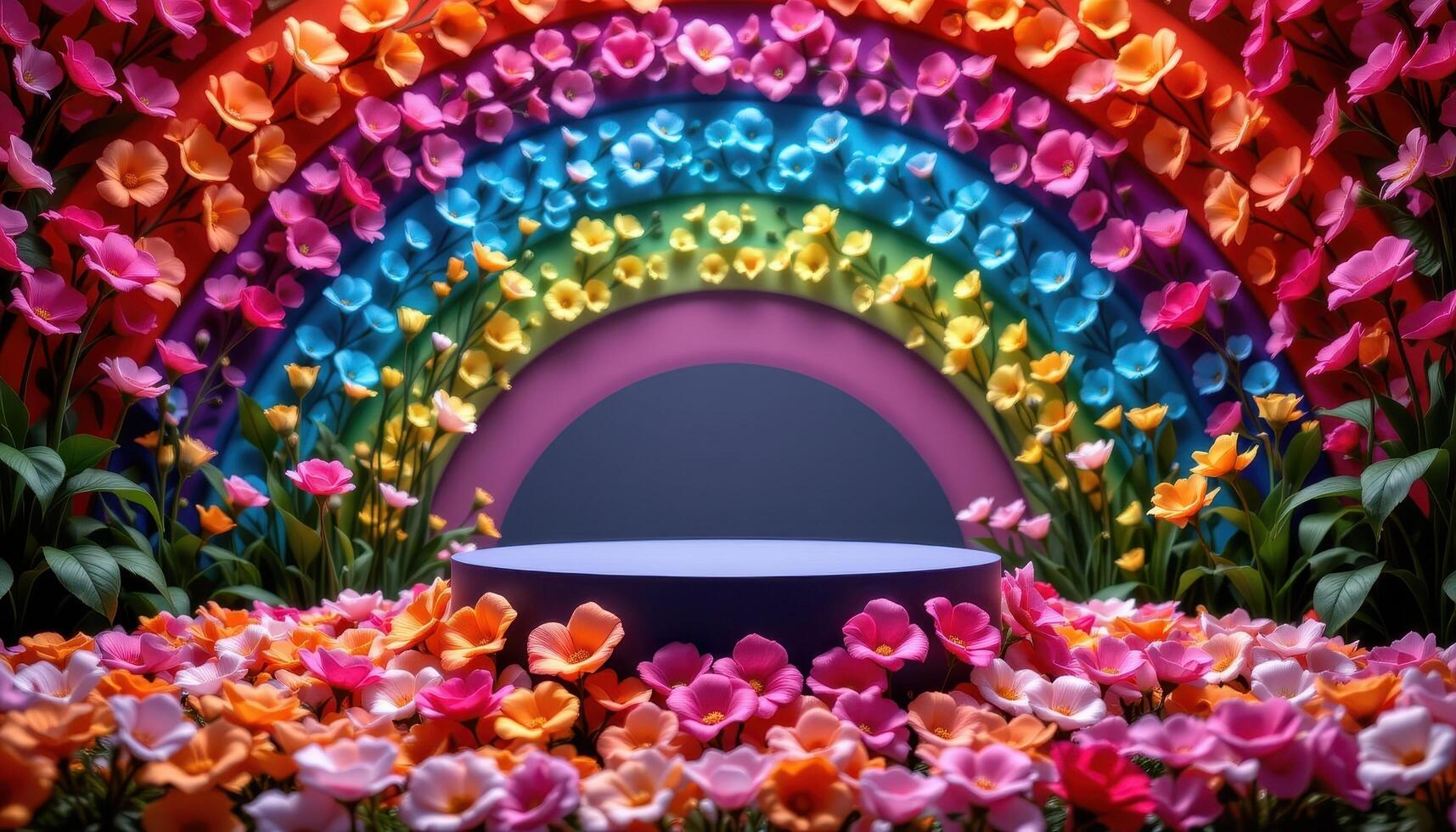 close up view of a podium surrounded by a rainbow of blossoms arranged by color temperature in soft gradient circles. photo