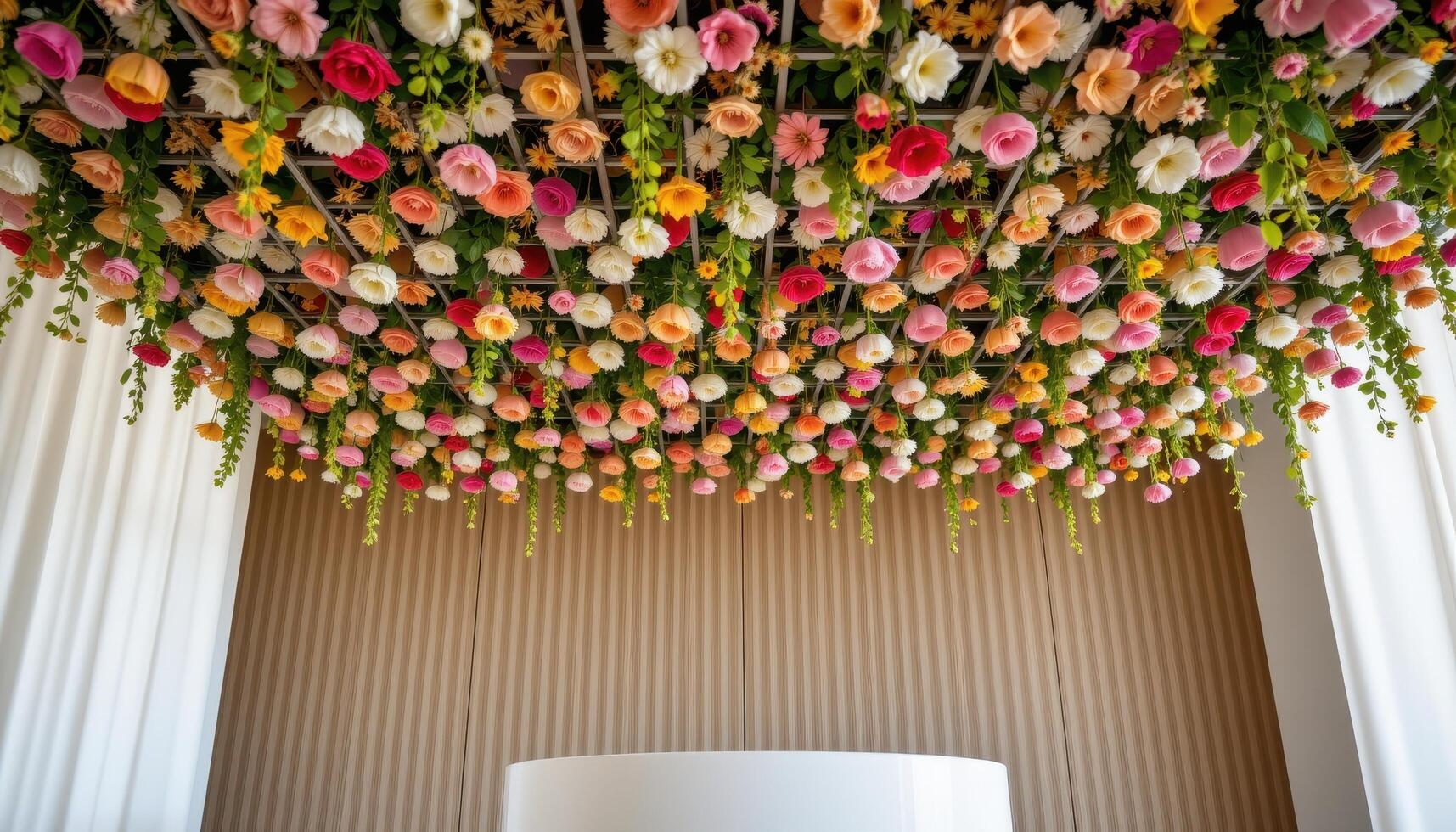 close up view of a podium placed beneath a hanging floral ceiling grid where each intersection blooms with a fresh flower. photo