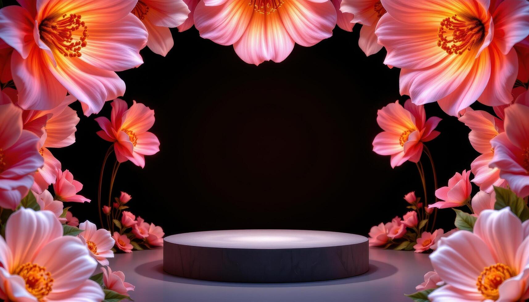 close up view of a podium framed by oversized petals sculpted from real blooms and illuminated from within. photo