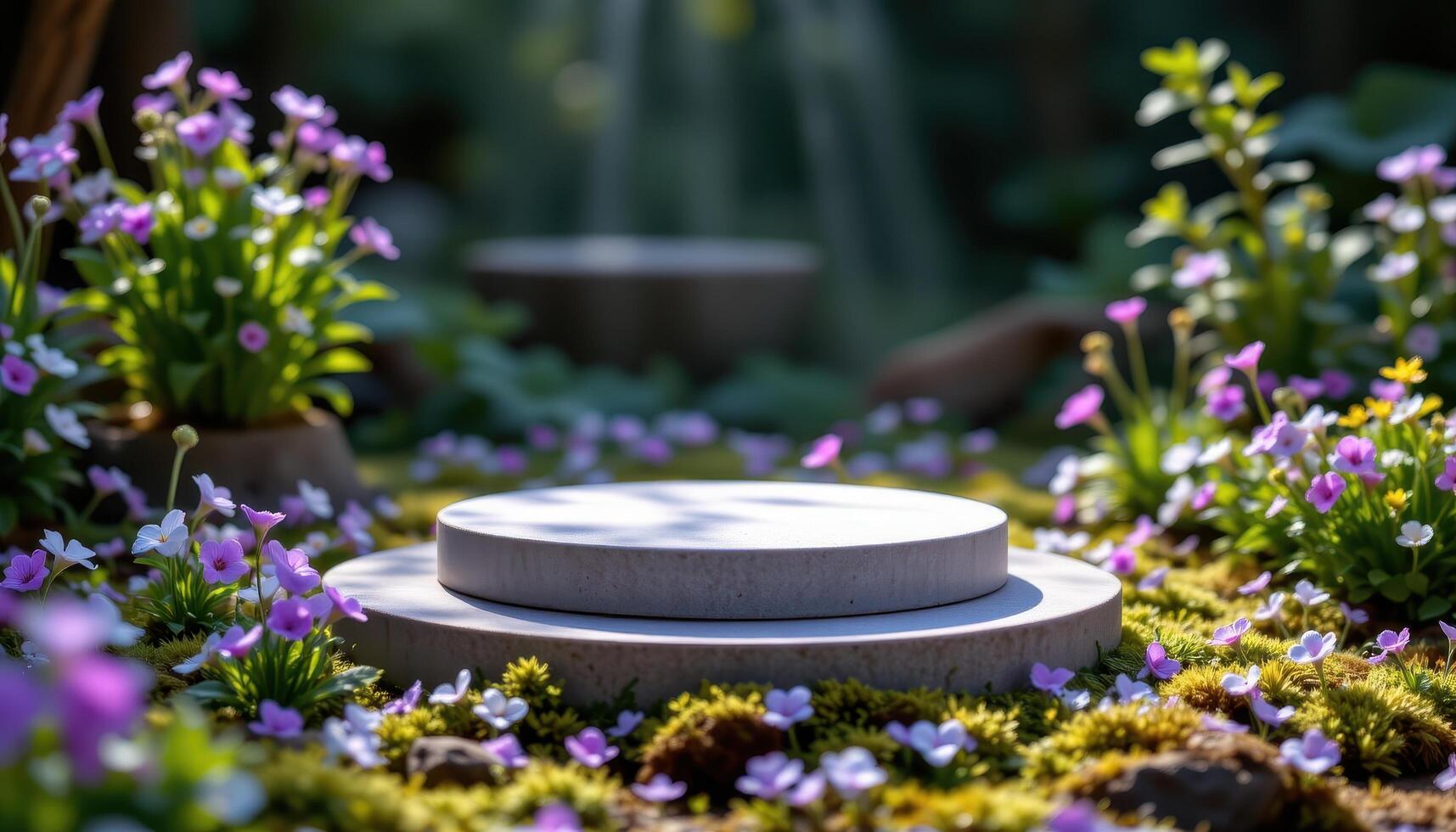 close up view of a podium rising from a mossy floor dotted with violets and small blossoms, illuminated by filtered light streaming from above. photo