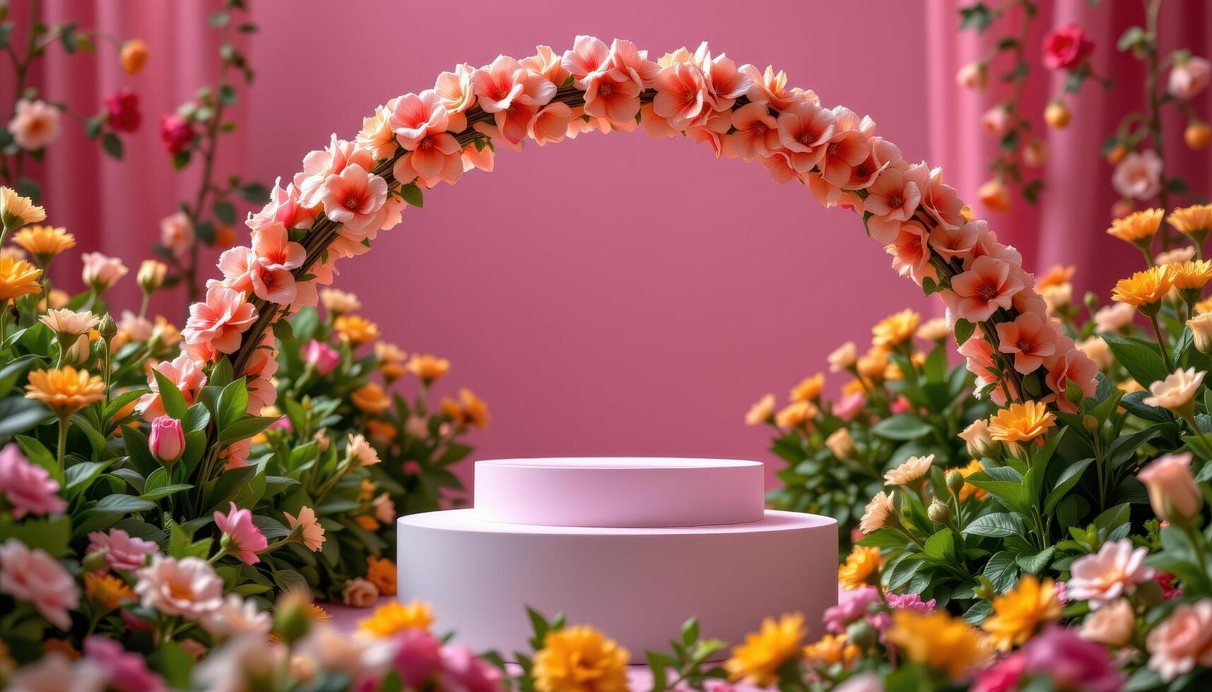 close up view of a podium placed among arching flower stems shaped like a crown, with blooms facing inward. photo