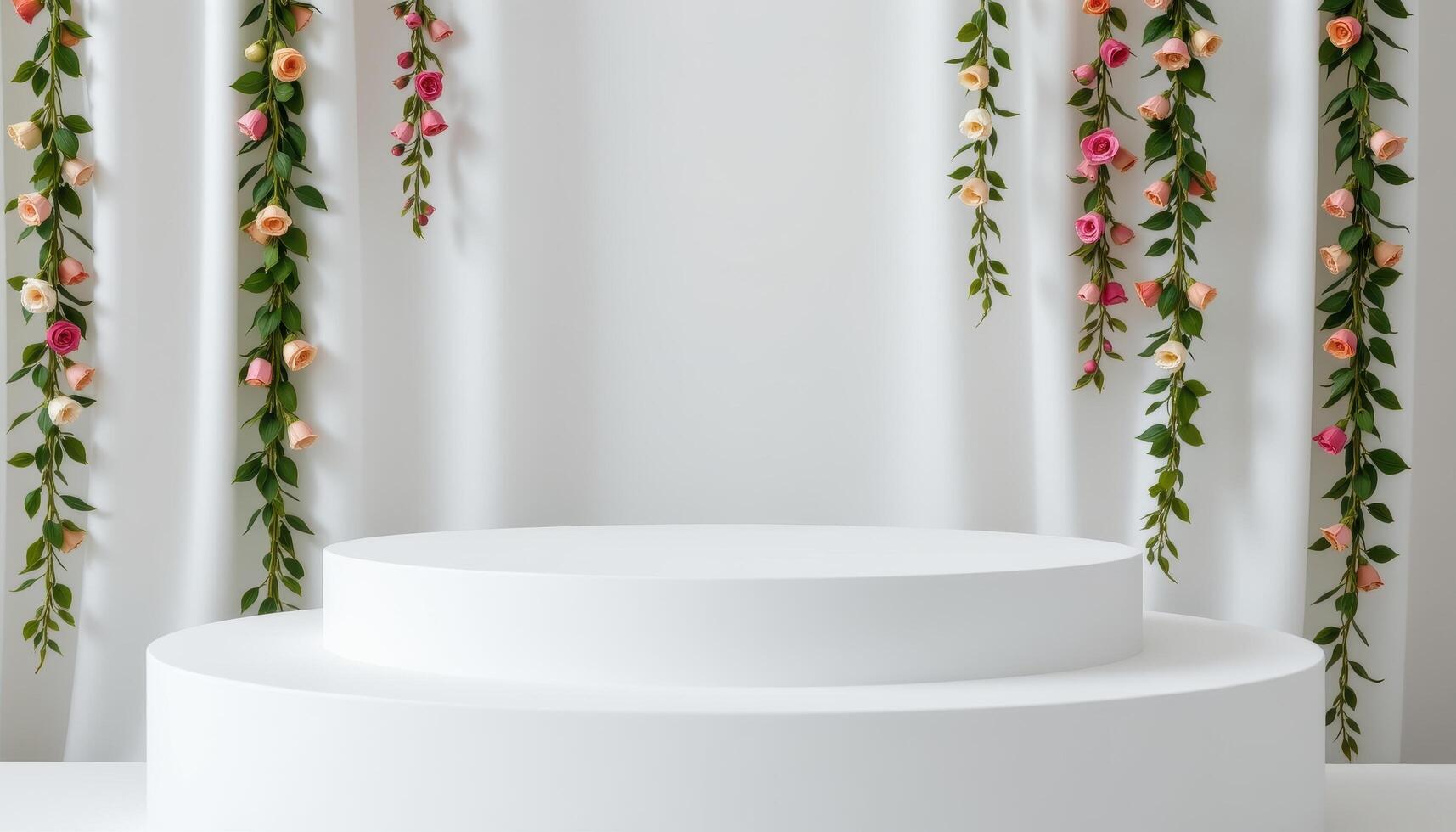 close up view of a white glossy podium decorated with vertical garlands of small bellflowers and tiny green leaves. photo