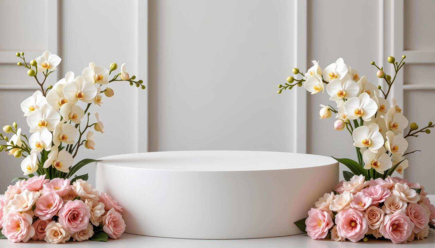 close up view of a modern angular podium flanked by bundles of white orchids and soft pink carnations. photo