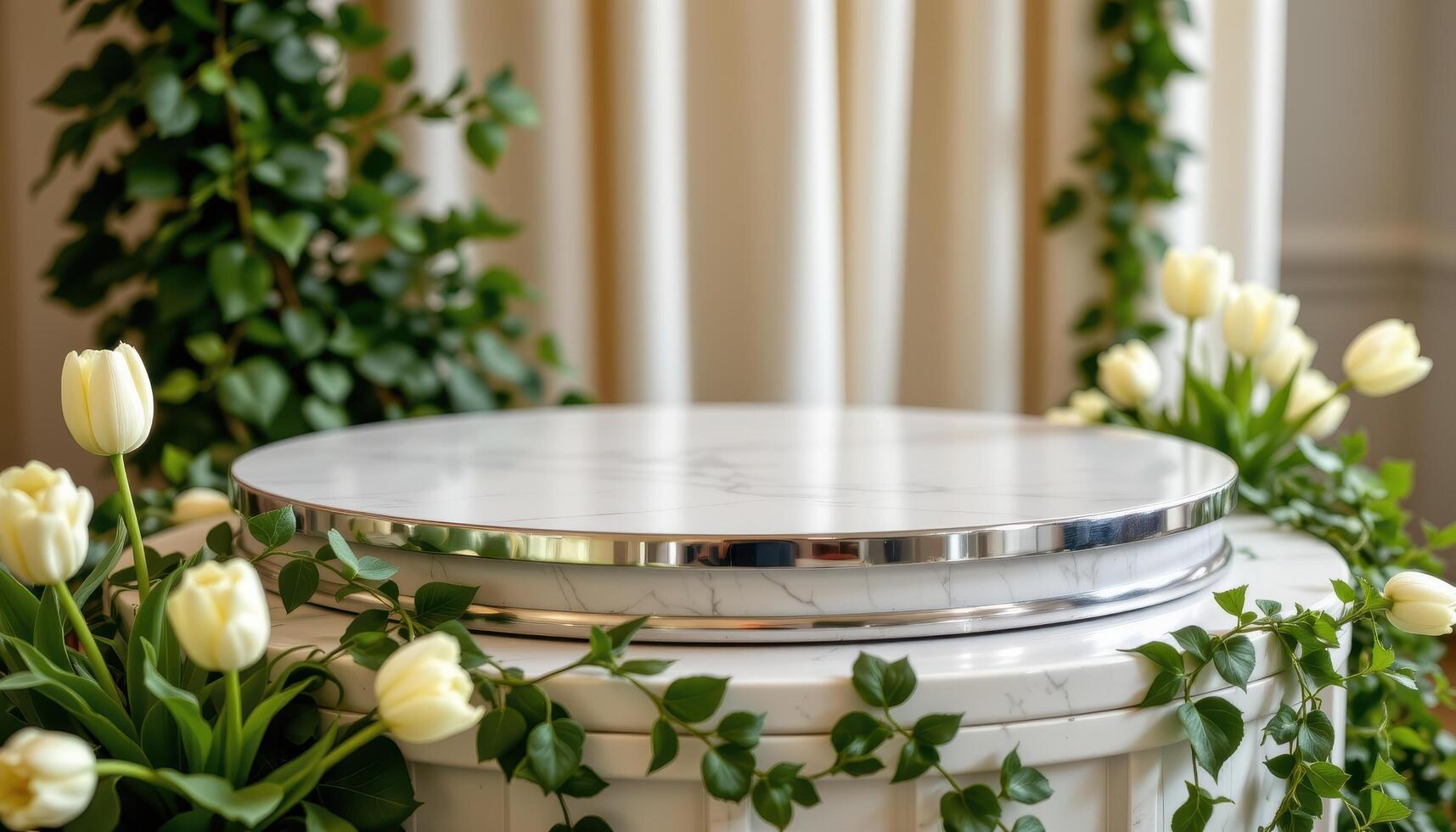 close up view of a podium with silver accents and a polished surface, surrounded by white tulips and trailing ivy. photo