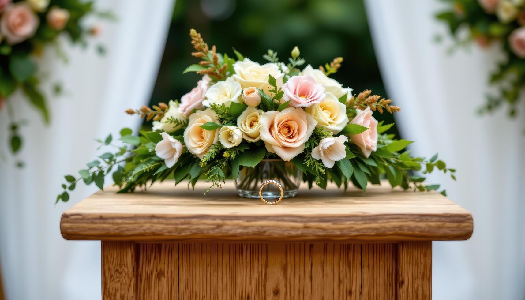 close up view of a simple wooden podium with a floral ring centerpiece in classic wedding tones. photo