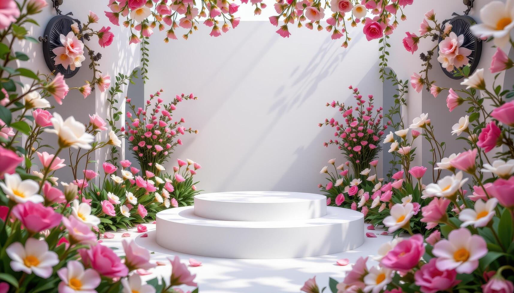 close up view of a podium inside a bloom filled cube. photo