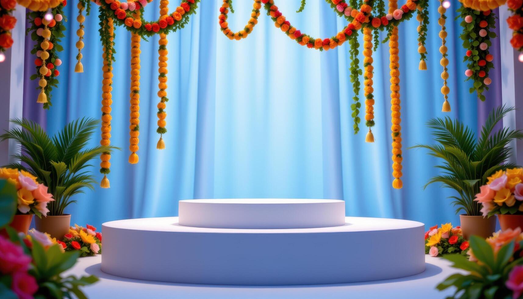 close up view of a podium amid hanging garlands. photo